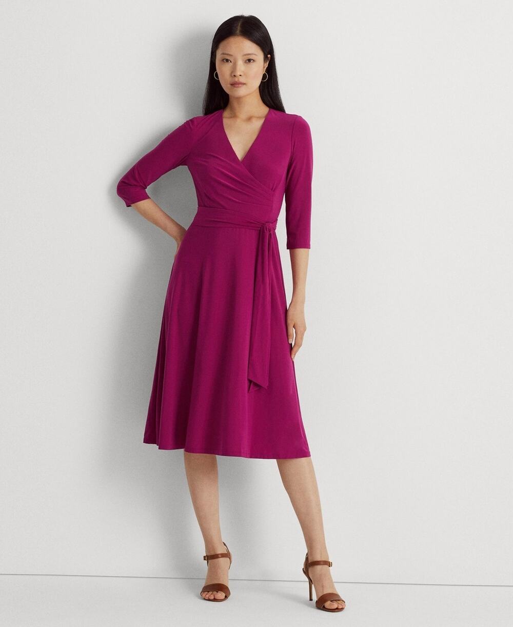 RALPH LAUREN Self-belt Three-quarter Sleeve Jersey Dress Fuchsia Size 2 4028